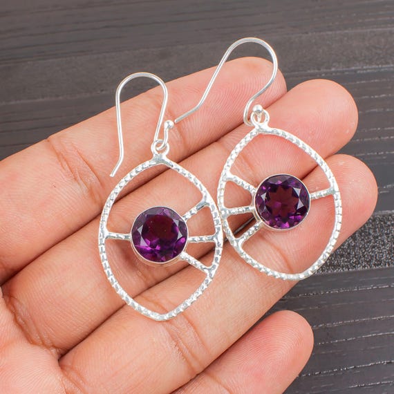 African Amethyst Dangle Earrings: Handmade 925 Sterling Silver Gemstone