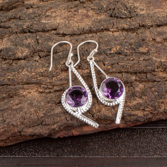 African Amethyst Dangle Earrings: Handmade 925 Sterling Silver Gemstone