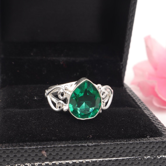 Handmade Emerald Ring: 925 Sterling Silver Green Gemstone Jewelry