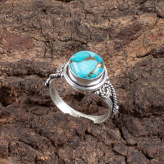 Handmade Copper Turquoise Ring: 925 Sterling Silver Blue Gemstone Jewelry