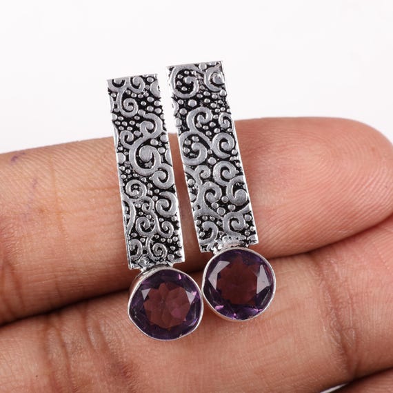 African Amethyst Dangle Earrings: Handmade 925 Sterling Silver Gemstone