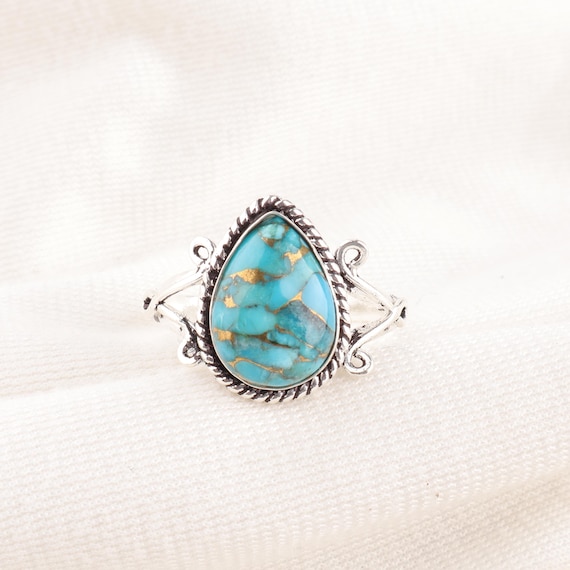 Handmade Copper Turquoise Ring: 925 Sterling Silver Blue Gemstone Jewelry