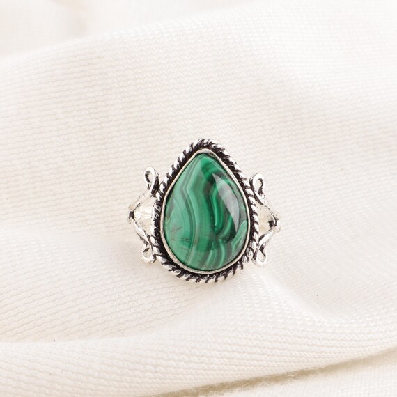 Handmade Malachite Cab Ring: 925 Sterling Silver Green Gemstone Jewelry