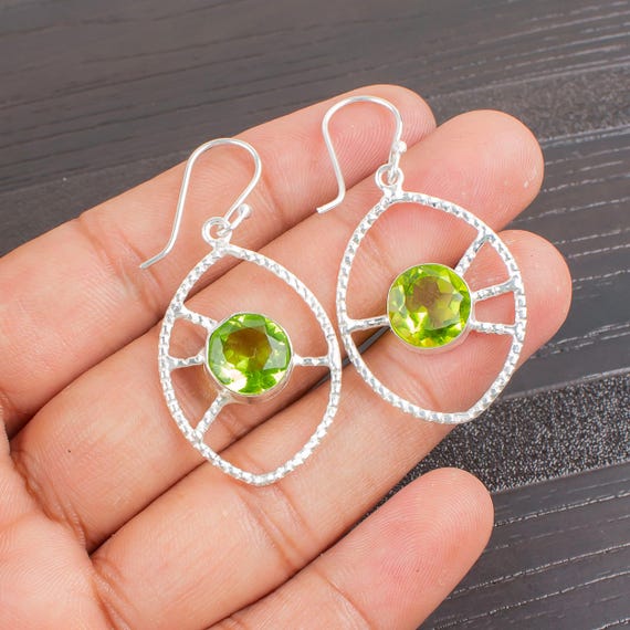 Peridot Dangle Earrings: Handmade 925 Sterling Silver Gemstone