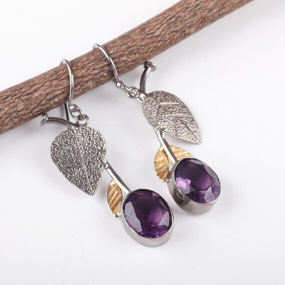 African Amethyst Dangle Earrings: Handmade 925 Sterling Silver Gemstone