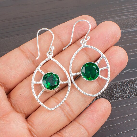 Emerald Dangle Earrings: Handmade 925 Sterling Silver Gemstone