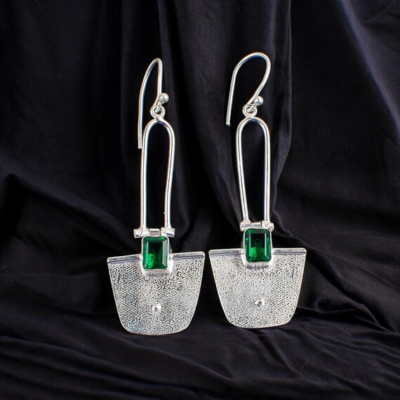 Emerald Dangle Earrings: Handmade 925 Sterling Silver Gemstone