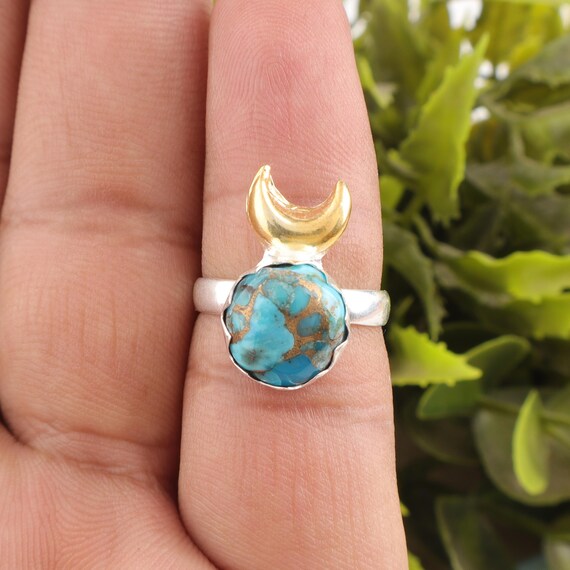 Handmade Copper Turquoise Ring: 925 Sterling Silver Blue Gemstone Jewelry