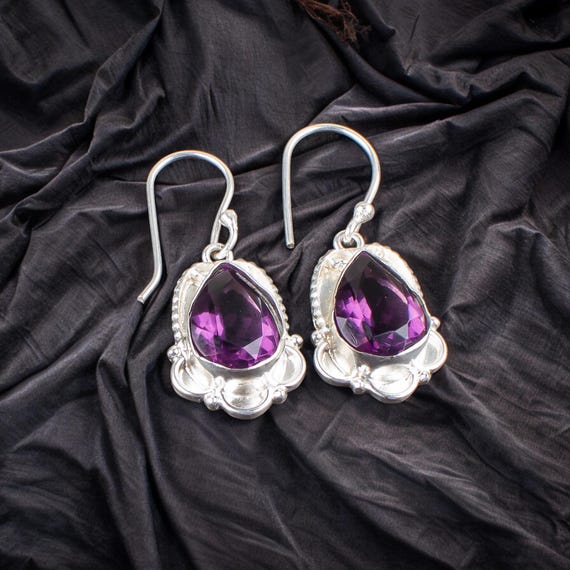 African Amethyst Dangle Earrings: Handmade 925 Sterling Silver Gemstone