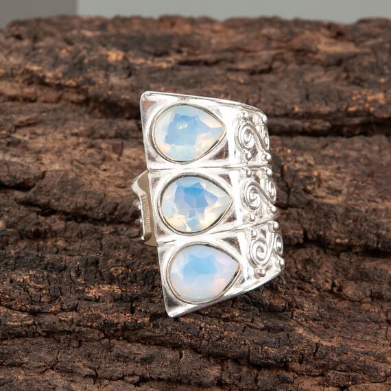 Handmade Milky Opal Ring: 925 Sterling Silver Black Gemstone Jewelry
