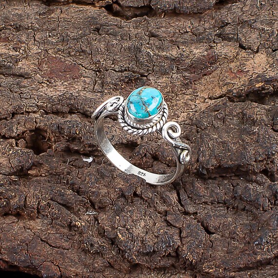 Handmade Copper Turquoise Ring: 925 Sterling Silver Blue Gemstone Jewelry