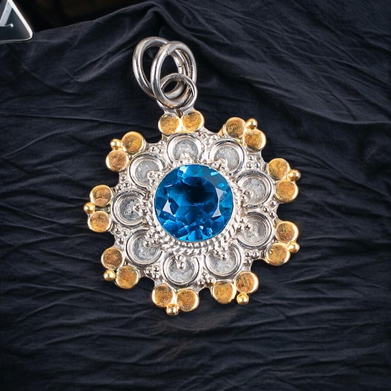 Handmade Swiss Blue Topaz Pendant: 925 Sterling Silver Gemstone Jewelry