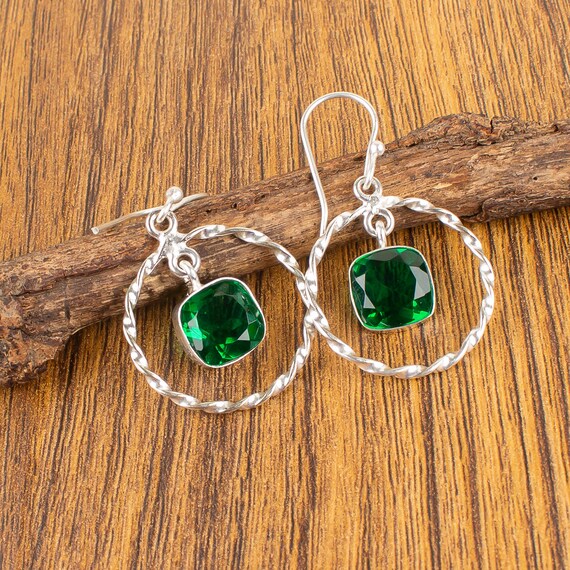 Emerald Dangle Earrings: Handmade 925 Sterling Silver Gemstone