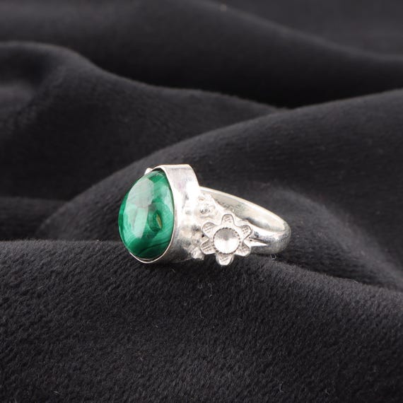 Handmade Malachite Cab Ring: 925 Sterling Silver Green Gemstone Jewelry