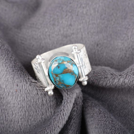 Handmade Copper Turquoise Ring: 925 Sterling Silver Blue Gemstone Jewelry
