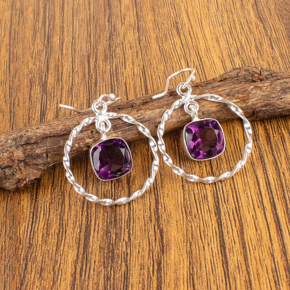 African Amethyst Dangle Earrings: Handmade 925 Sterling Silver Gemstone