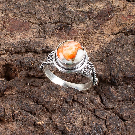 Handmade Orange Copper Turquoise Ring: 925 Sterling Silver Orange Gemstone Jewelry