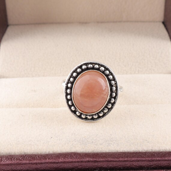 Handmade Peach Moonstone Ring: 925 Sterling Silver White Gemstone Jewelry