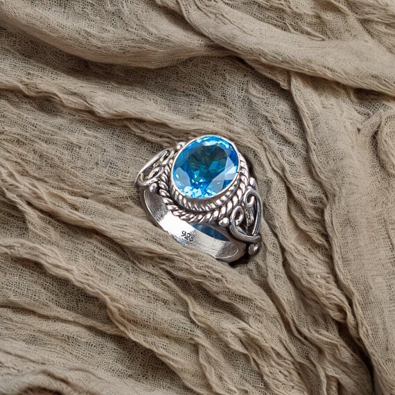 Handmade Swiss Blue Topaz Ring: 925 Sterling Silver Blue Gemstone Jewelry