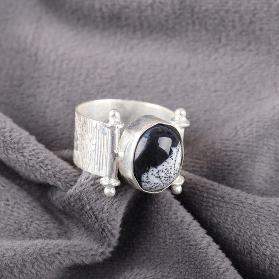 Handmade Dendrite Opal Ring: 925 Sterling Silver Fire Gemstone Jewelry