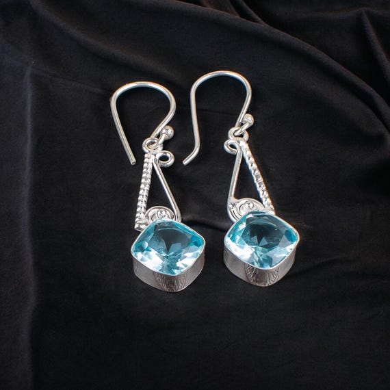 Sky Blue Topaz Dangle Earrings: Handmade 925 Sterling Silver Gemstone
