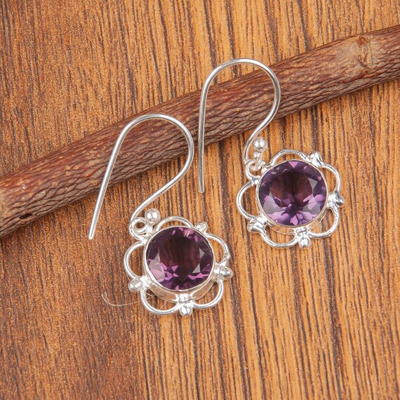 African Amethyst Dangle Earrings: Handmade 925 Sterling Silver Gemstone