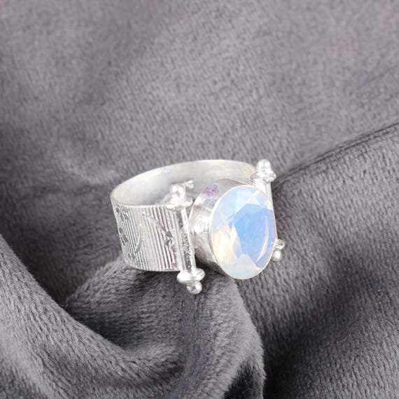 Handmade Milky Opal Ring: 925 Sterling Silver Black Gemstone Jewelry