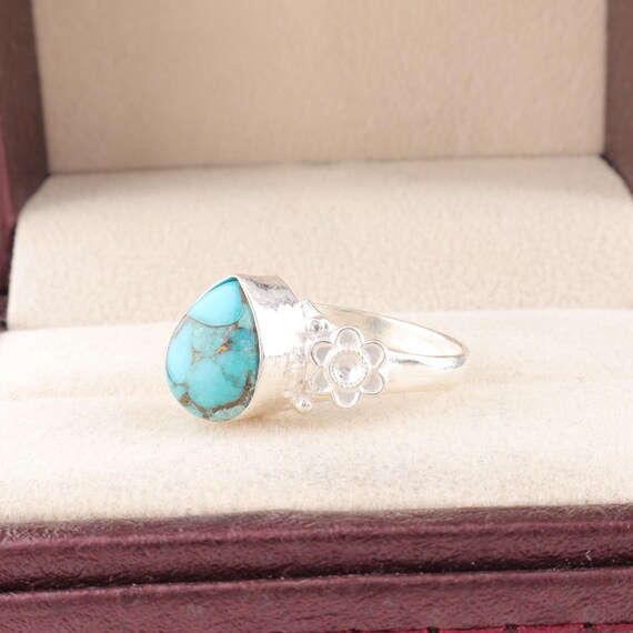 Handmade Copper Turquoise Ring: 925 Sterling Silver Blue Gemstone Jewelry