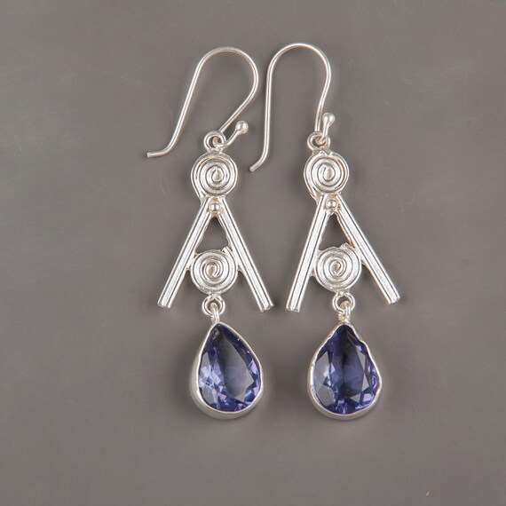 Iolite Dangle Earrings: Handmade 925 Sterling Silver Gemstone
