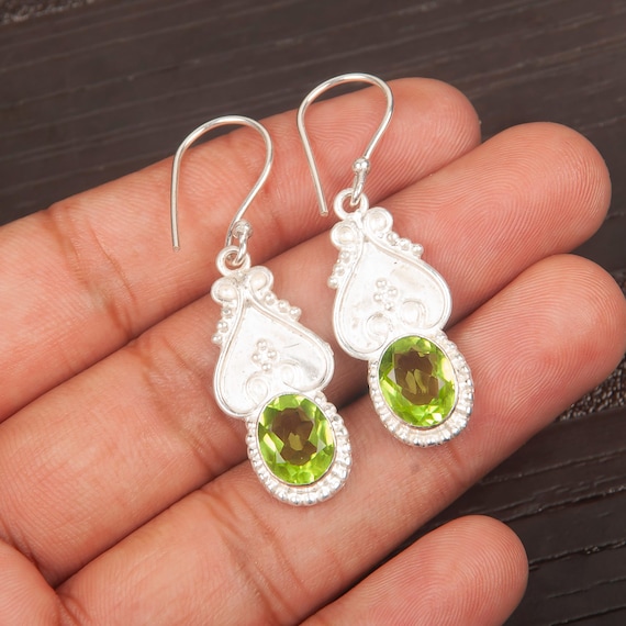 Peridot Dangle Earrings: Handmade 925 Sterling Silver Gemstone