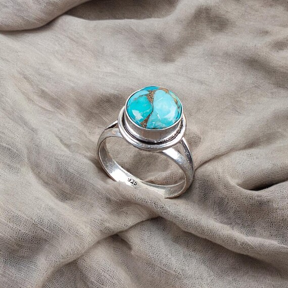 Handmade Copper Turquoise Ring: 925 Sterling Silver Blue Gemstone Jewelry
