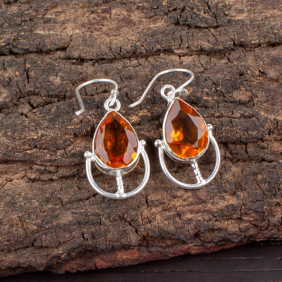 Citrine Dangle Earrings: Handmade 925 Sterling Silver Gemstone