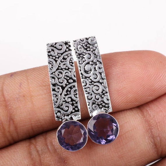 Iolite Dangle Earrings: Handmade 925 Sterling Silver Gemstone