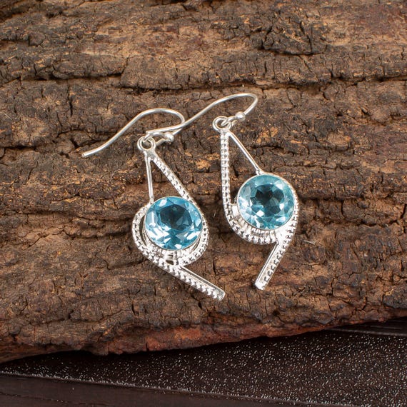 Sky Blue Topaz Dangle Earrings: Handmade 925 Sterling Silver Gemstone