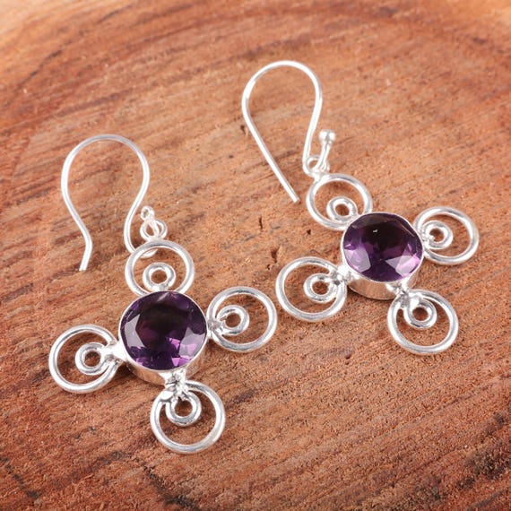 African Amethyst Dangle Earrings: Handmade 925 Sterling Silver Gemstone