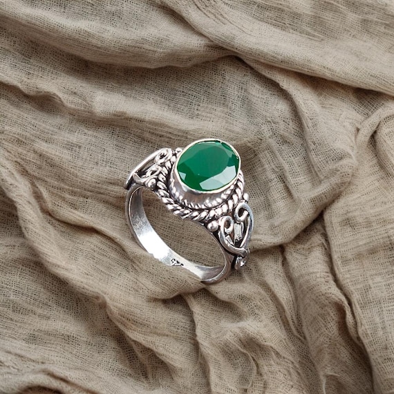 Handmade Green Onyx Ring: 925 Sterling Silver Green Gemstone Jewelry