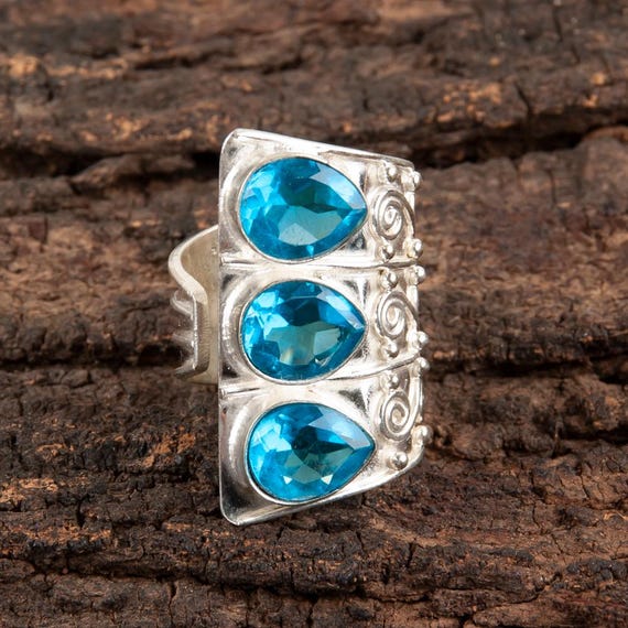 Handmade Swiss Blue Topaz Ring: 925 Sterling Silver Blue Gemstone Jewelry