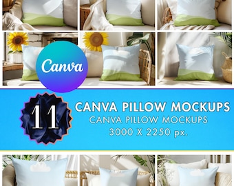 11 Square Pillow Mockups Canva Templates, Editable Throw Pillow Frame Set for Home Decor, Print on Demand Cushion Mockup, Drag & Drop