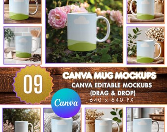 9 Canva Mug Mockups Bundle, Editable Coffee Mug Mockup, White Coffee Mug Mockups Frame, Drag & Drop Canva Mockup, Small Business Use