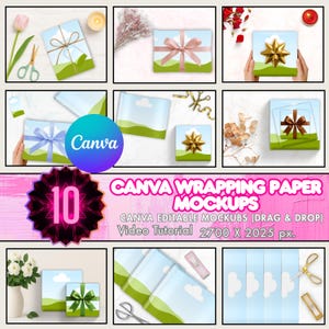 Puede incluir: Una colección de maquetas de cajas de regalo con diseños de cielo azul y paisaje verde. La imagen incluye varios estilos de lazos y el texto "CANVA WRAPPING PAPER MOCKUPS" y "CANVA EDITABLE MOCKUBS (DRAG & DROP)".