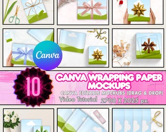 May include: A selection of gift box mockups featuring blue sky and green landscape designs. The image showcases different ribbon styles and includes the text "CANVA WRAPPING PAPER MOCKUPS" and "CANVA EDITABLE MOCKUBS (DRAG & DROP)".