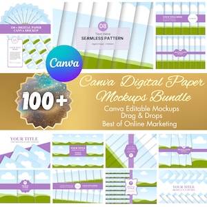 May include: A digital paper mockups bundle with over 100 designs. The image features various mockups with text like "Canva," "Digital Paper," and "Seamless Pattern." The color scheme includes white, green, purple, and blue elements.