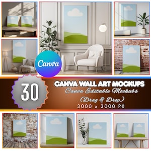 Könnte beinhalten: Eine Sammlung von 30 Canva-Wandkunst-Mockups. Die Mockups zeigen einen blauen Himmel mit einer weißen Wolke und grünen Hügeln. Der Text auf dem Bild lautet "Canva Wall Art Mockups" und "Canva Editable Mockups (Drag & Drop)". Bildabmessungen: 3000 x 3000 PX.