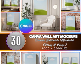 Puede incluir: Un conjunto de 30 maquetas de arte mural de Canva. Las maquetas muestran un cielo azul con una nube blanca y colinas verdes. El texto en la imagen dice "Canva Wall Art Mockups" y "Canva Editable Mockups (Drag & Drop)". Dimensiones de la imagen: 3000 x 3000 PX.