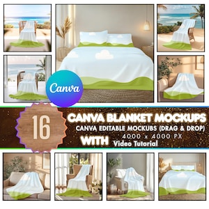 May include: A collection of blanket mockups with a white and green design, showcasing various settings. The image includes the Canva logo and text: "CANVA BLANKET MOCKUPS" and "40.00 x 4000 PX". The number "16" is also displayed.