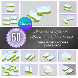 Può includere: Un'immagine promozionale con mockup di biglietti da visita. L'immagine include più disposizioni di modelli di biglietti da visita con un design paesaggistico. Il logo Canva è visibile, insieme al testo "Business Card Mockups Templates".
