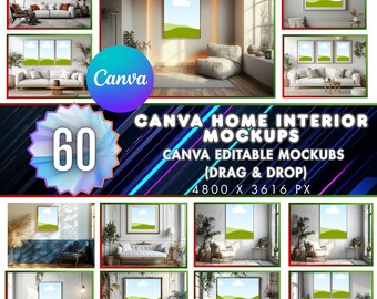 60 Canva Wall Art Mockups Bundle, Editable Frame Mockups for Living Room & Bedroom, Drag and Drop Wall Art Templates, Digital Download