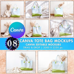 May include: A collection of eight tote bag mockups. Each bag features a light blue body with a green base and handles. The image includes the Canva logo and text: "CANVA TOTE BAG MOCKUPS, CANVA EDITABLE MOCKUBS, DRAG & DROP | 3000 X 2250 px."