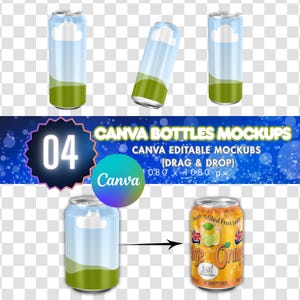 May include: A mockup image featuring several beverage cans with a sky and cloud design, alongside a can of orange juice. The image includes the text "CANVA BOTTLES MOCKUPS" and "CANVA EDITABLE MOCKUBS".