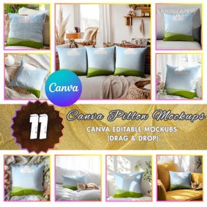 Peut inclure: Onze maquettes de coussins avec un paysage de ciel bleu, nuage blanc et collines vertes. Le texte "Canva Pillow Mockups" et "Canva Editable Mockups (Drag & Drop)" sont affichés.